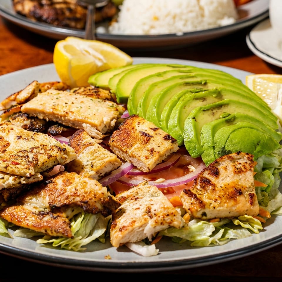 Grilled chicken pieces, sliced avocado, and lemon wedges on a bed of lettuce and red onion.